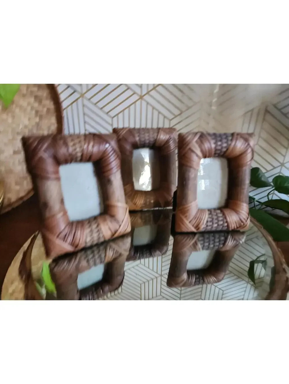 Vintage Set Of 3 Wicker And Bamboo Bohemian Photo Frames Tropical Decor 4x5